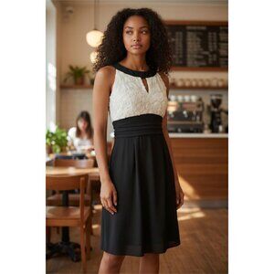 En Focus Black and White Cocktail Dress, 3D Flowered Bodice, 4P